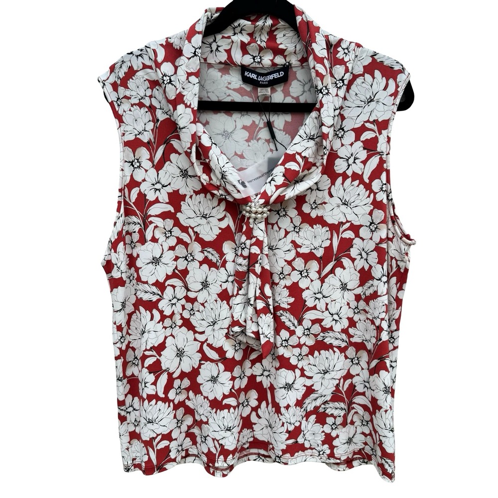 Karl Lagerfeld Paris Old Money Floral Cowl Neck Pearl Accent Blouse Red L NEW